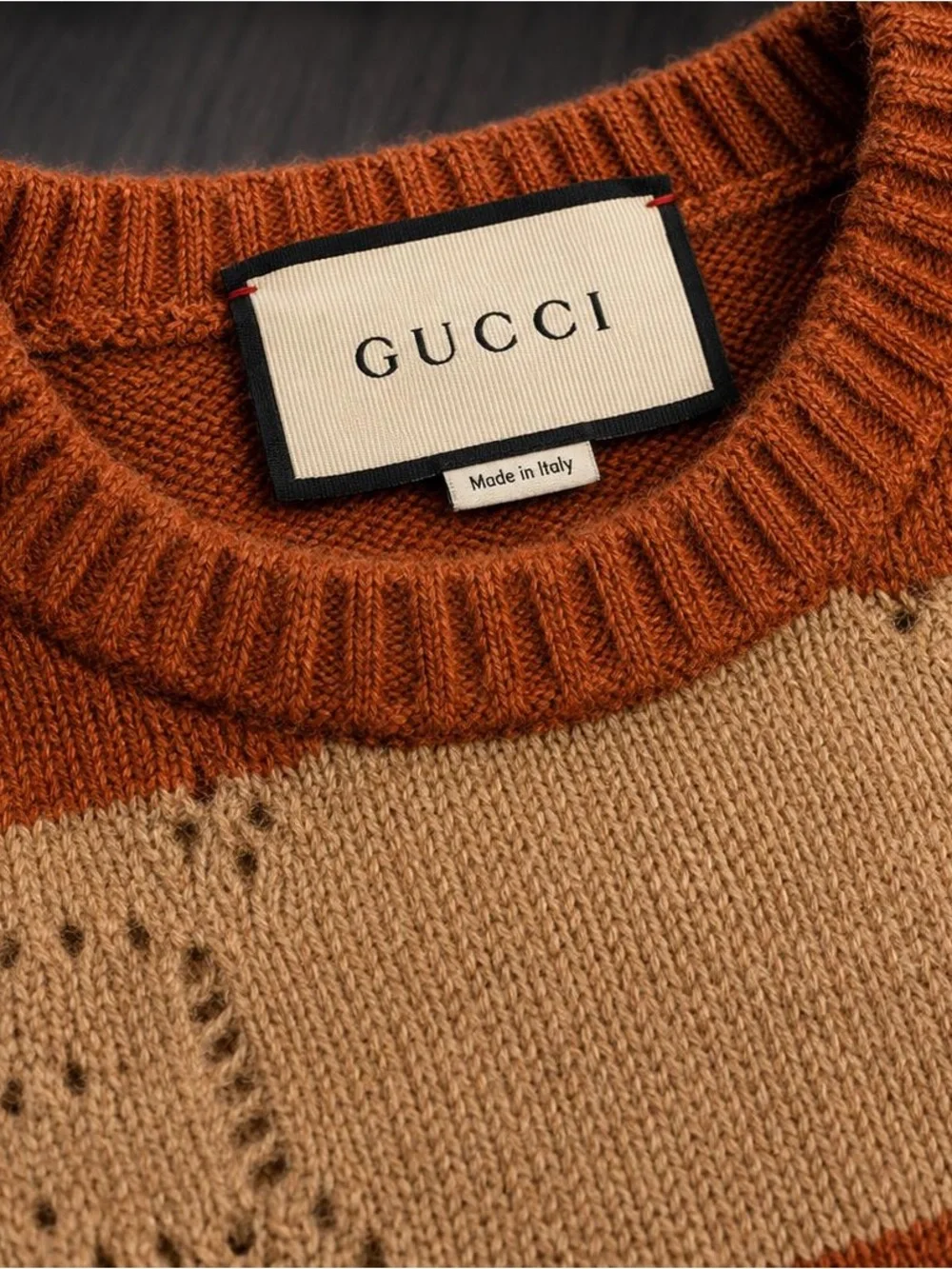 Authentic Gucci 100% Wool Striped Knit Sweater | Beige & Rust | Size L | Made in